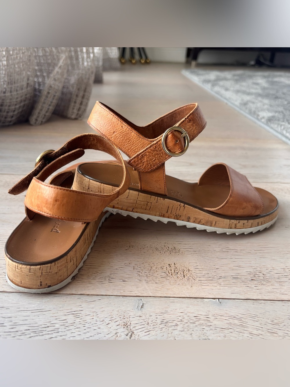 Paul Green Tan Leather Cork-Platform Sandals with Gold Buckle - Picture 6 of 8